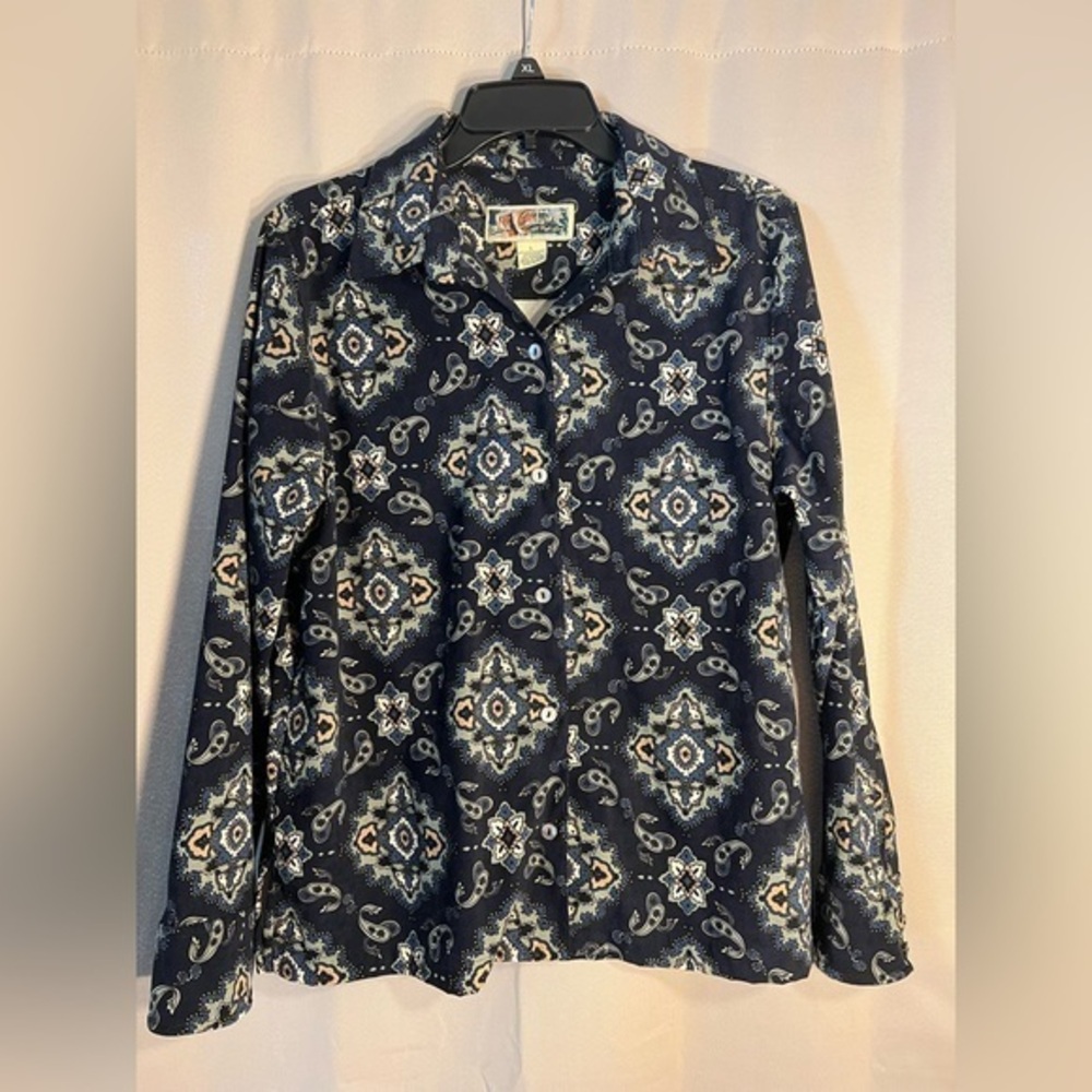 La Cabana All Night Long 90s Large Blue White Button Up Paisley Pattern